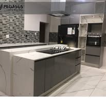 Marble kitchen island, wide view